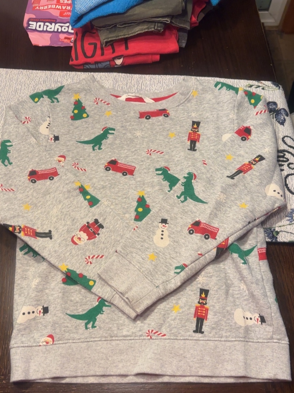 H&M Grey Kids Holiday Sweatshirt with Green Dino & Red Firetruck Motifs